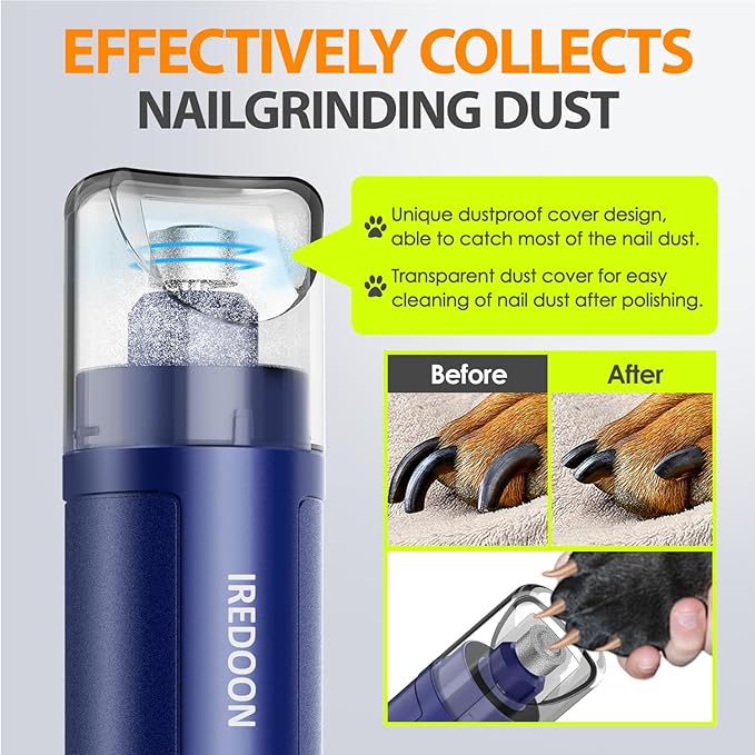 Dog Nail Grinder Upgraded - Professional 3-Speed Super Quiet and Low Vibration Electric Pet Nail Grinder with 4 LED Lights - Painless Paws Grooming & Smoothing for Small to Large Dogs (Blue)-PawvioPets