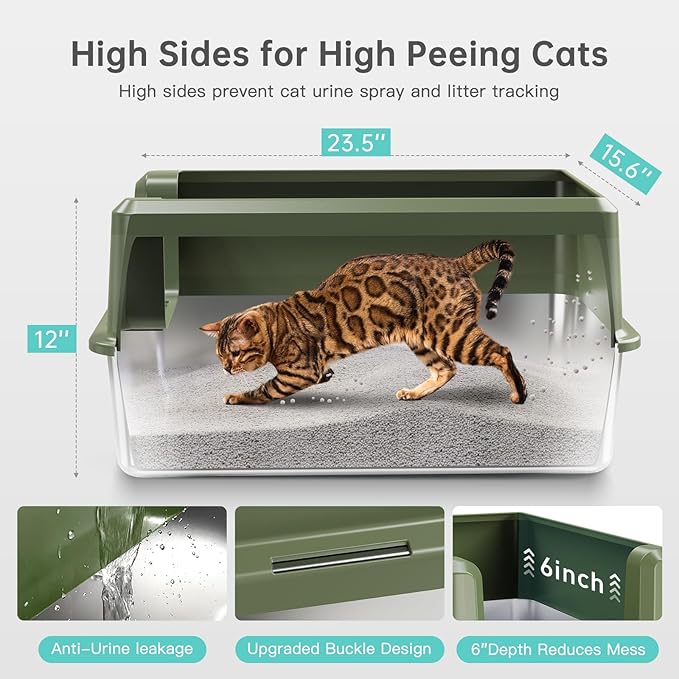 Enclosed Stainless Steel Cat Litter Box with Lid, XL Extra Large Litter Box for Big Cats, Metal Litter Pan High Sided, Never Absorbs Odors, Anti-Urine Leakage, Include Scoop (Green)-PawvioPets