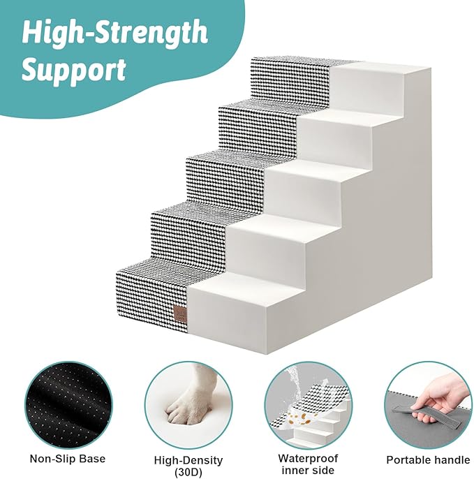 Dog Stairs for Small Dogs, 5 Tier Wider Pet Stairs for High Beds, 23.6" H Non-Slip Dog Steps for Old Cats, Puppies, Small Medium Dogs, 29.5x19.7x23.6 inch, White Black-PawvioPets