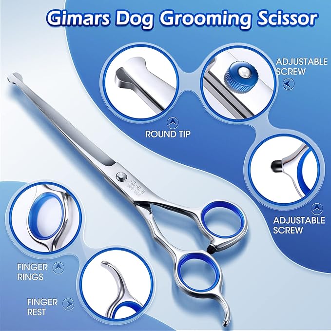 Gimars Professional 5 in 1 Grooming Scissors for Dogs 4CR with Safety Round Tip, Heavy Duty Titanium Coated Straight & Thinning & Curved Shears-PawvioPets