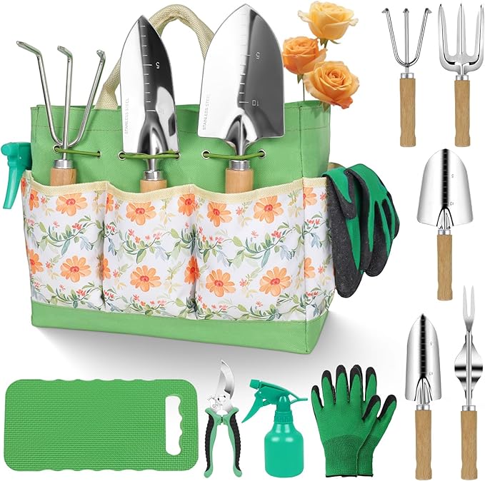 Gardening Tools 10-Piece Heavy Duty Stainless Steel Hand Tools with Durable Garden Tools Storage Tote,Rust-Proof Garden Tool Set, Ideal Gardening Gifts for Women Yellow Floral Pattern Design-PawvioPets