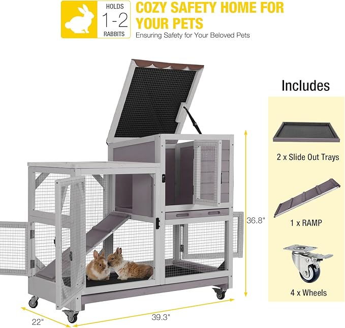 AIVITUVIN 2-Story Rabbit Hutch Indoor for 2-4 Rabbits & Guinea Pigs Wooden Small Animal Cage Guinea with Chew-Proof Design & Slide-Out Trays Bunny Cage with Lockable Wheels-PawvioPets