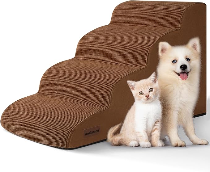 4-Step Dog Stairs and Ramp for Beds or Couches – Non-Slip Sturdy Pet Steps for Small Dogs and Cats,17.4" H,Brown-PawvioPets
