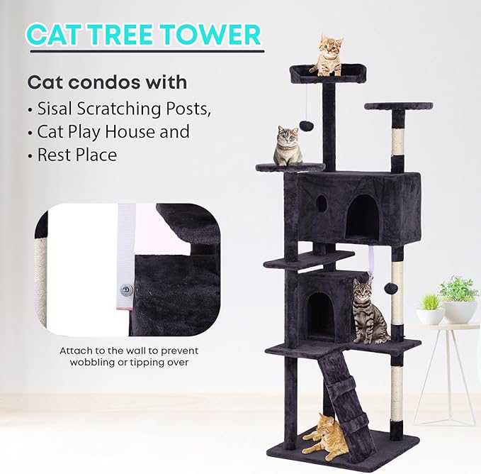 FDW Cat Tree 70in Cat Tower Multi-Level Durable Cat Scratching Post & Cozy Fun Cat Jumping Platform Space Saving Cat Condo Pet Play House for Indoor Cats,Ashy-PawvioPets