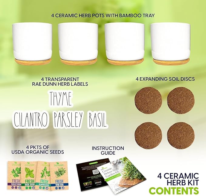 Deluxe Ceramic Indoor Herb Kit 4 Set. Variety Herbs for Indoor & Outdoor – Get Growing with Pots, Potting Soil for Window Herb Garden. (Ceramic Edition)-PawvioPets