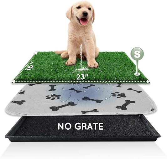 Dog Grass Pad with Tray Small 23" x 16", Ultra-Absorbent Artificial Grass Pad for Dogs Potty(No Grate)Grass Hemmed Edge for Indoor Potty Training Reusable Puppy Pads Dog Litter Box Balcony-PawvioPets