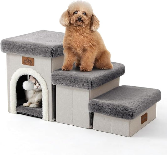 Dog Stairs for Small Dogs with Storage and Condo, 14" H Foldable Pet Stairs for Small Medium or Puppy Dogs and Older Cats, Dog Steps for Bed or Couch, 13x27x14 inch, 3 Tiers, Grey-PawvioPets