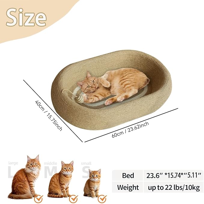 3-in-1 Sisal Scratching Board Bed, for Indoor Cats, Large Oval Cat Scratching Board, Toys for Playing and Nursing Paws (24x15x5 inches) (Large Size, Cat Bed - with Cooling Pad)-PawvioPets