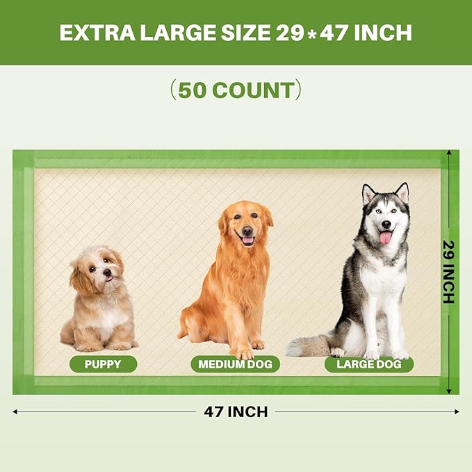 Gardner Pet Dog Pee Pads Extra Large 29"x47", XL Thicker ECO Green Disposable Puppy Training Pads Super Absorbent Full Edge-Wrapping Pad for Dogs, Puppies, Cats, Rabbits (50 Count)-PawvioPets