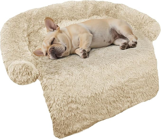 Calming Dog Bed Fluffy Plush Dog Mat for Furniture Protector with Removable Washable Cover for Large Medium Small Dogs and Cats (Small(35x31x5),Beige)-PawvioPets