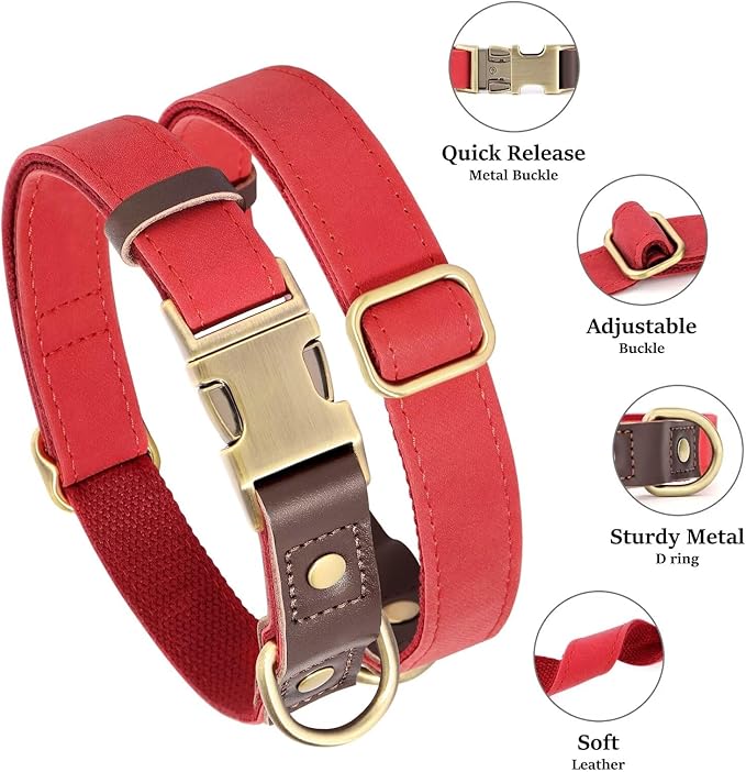 Didog Soft PU Leather Dog Collars for Medium Dogs,Classic Adjustable Dog Collars with Quick Release Metal Buckle,Easy Clean and Comfortable with Nylon Lining,Red,M Neck 13-19"-PawvioPets