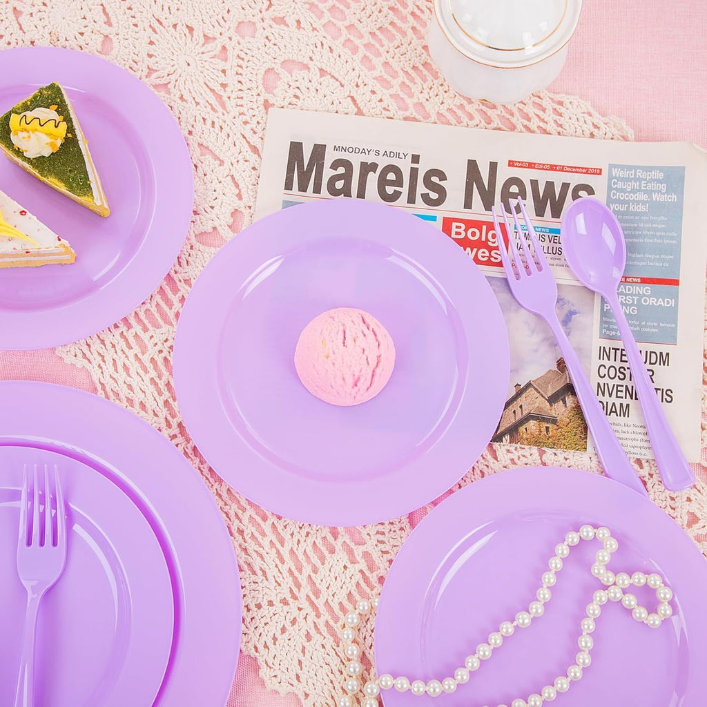 KIRE 150 PCS Purple Plastic Plates - Purple Dinnerware Set Disposable 25 Dinner & 25 Salad Plates 25Forks 25Knives 25Spoons 25Clear Cups for Birthday/Baby Shower