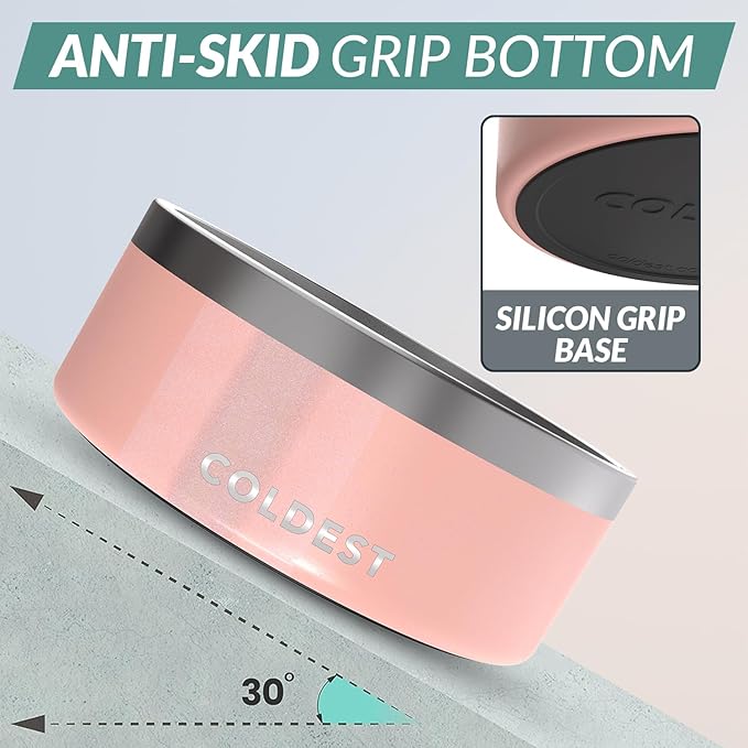 Coldest Dog Bowl - Anti Rust Metal, Non Slip, 3 Layers Insulated Stainless Steel Dog Bowls - Spill Proof & Heavy Duty - Water Bowl for Dogs, Cats, Dish Washer Safe (100 oz, Forever Pink Glitter)-PawvioPets
