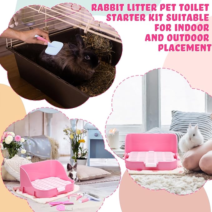 15 Pcs Rabbit Starter Kit Small Rabbit Litter Box Animal Grooming Kit Bunny Toys Bowl Blankets with Cleaning Set for Guinea Pig Accessories(Pink)-PawvioPets