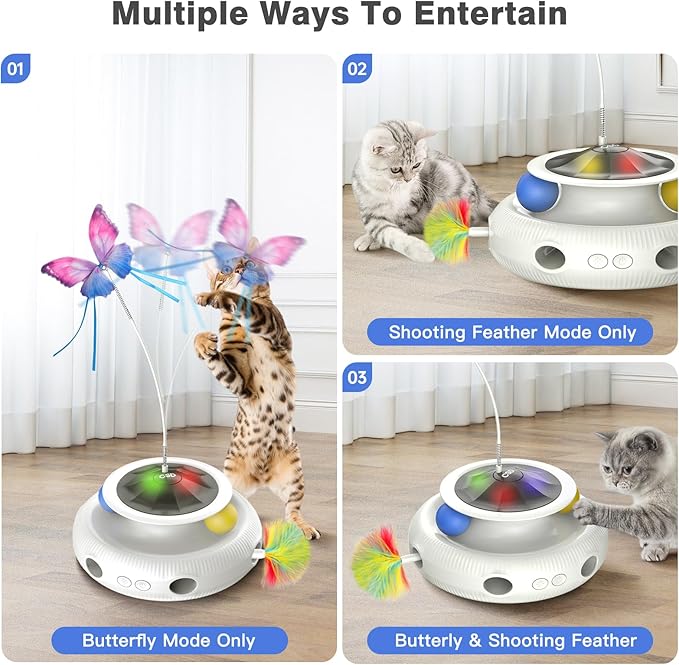 Automatic Interactive Cat Toys for Indoor Cats & Bored Adults - Kitten Toys with Fluttering Butterfly, Ambush Feather & Track Balls - Exercise & Stimulation for Playful Cats (Beige)-PawvioPets