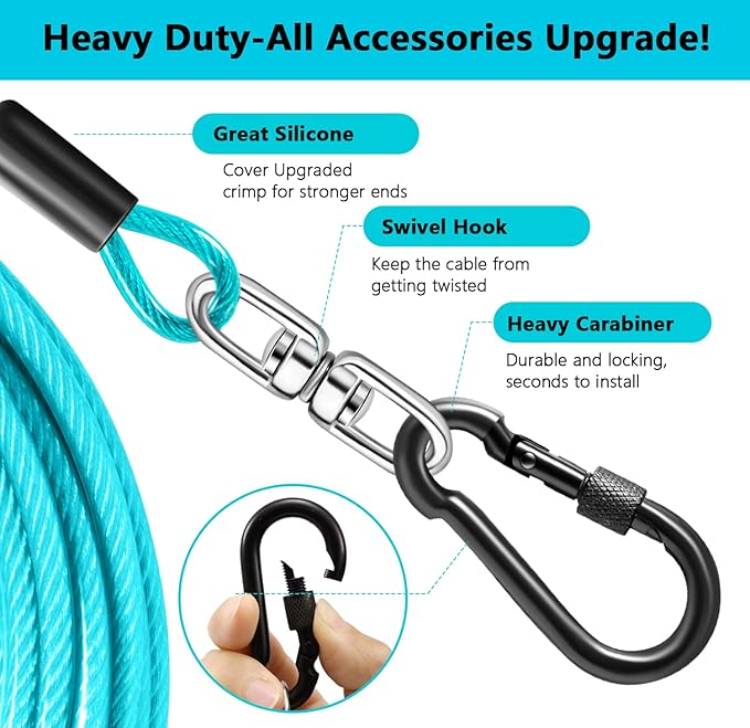 Dog Tie Out Cable 50FT-500Lbs,Heavy Duty Dog Leads Line for Yard with Swivel Hook,Medium Large Dogs Leash&Chains for Outside,Rust Chew Proof Dogs Run Cable for Outdoor Camping(Teal, 50FT)-PawvioPets