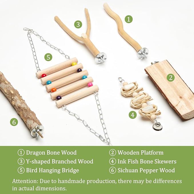 Bird Perches for Cage 6pcs Natural Bird Stand Branch for Cage with Hanging Bridge, Parrot Swing Toys Chewing Climbing Standing Branches Wood Pole Paw Grinding Fork Parakeet Platform-PawvioPets
