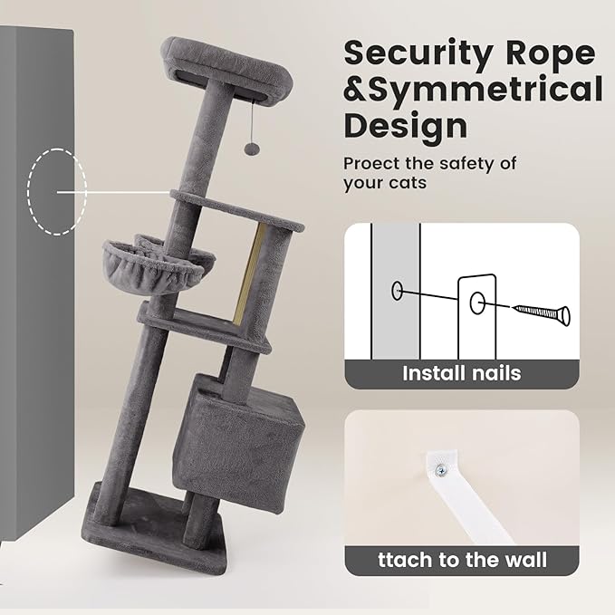 Gardner Pet 65in Heavy Duty Cat Tree Tower for Large Cats, Multi-Level Cat Furniture with Replaceable Sisal Scratching Post, Hammock | Extra-Large Platform & Condo (Upgraded Grey)-PawvioPets