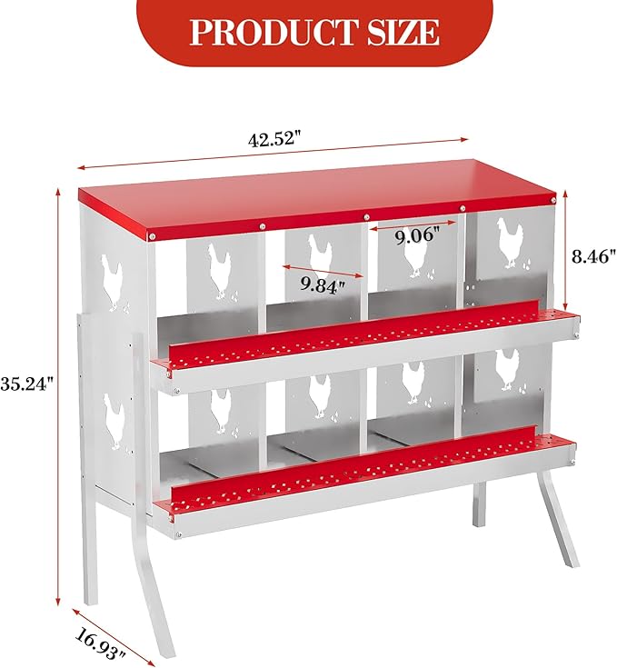 8 Hole Chicken Nesting Box with Roll Out Egg Tray, Rustproof & Ventilated Chicken Laying Boxes for Hens, Chickens, Ducks | Easy-Clean Poultry Coop Accessories, Red with Stand-PawvioPets