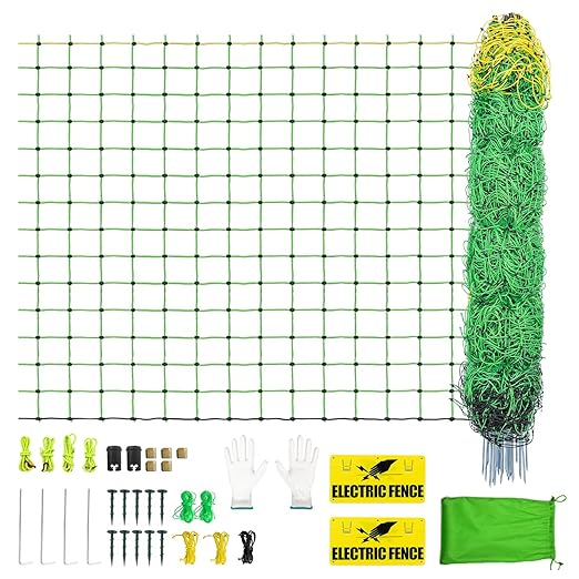 Electric Fence Netting,164'Lx49.6"H, Electric Livestock Netting with 14 Double Barbed Poles, Suitable for Pigs, Cows, Sheep and Other Large Animals, Portable Electric Fence for Farms, Ranches-PawvioPets