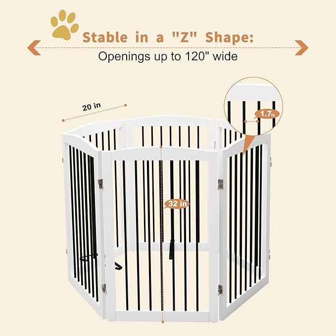 Freestanding Pet Gate for Dogs, Indoor Wooden Foldable Dog Gate for House, Extra Wide, Pet Fence for Stairs, Doorways, Halls, Support Feet Included, 120 Inch Wide, 6 Panels 32",White-PawvioPets
