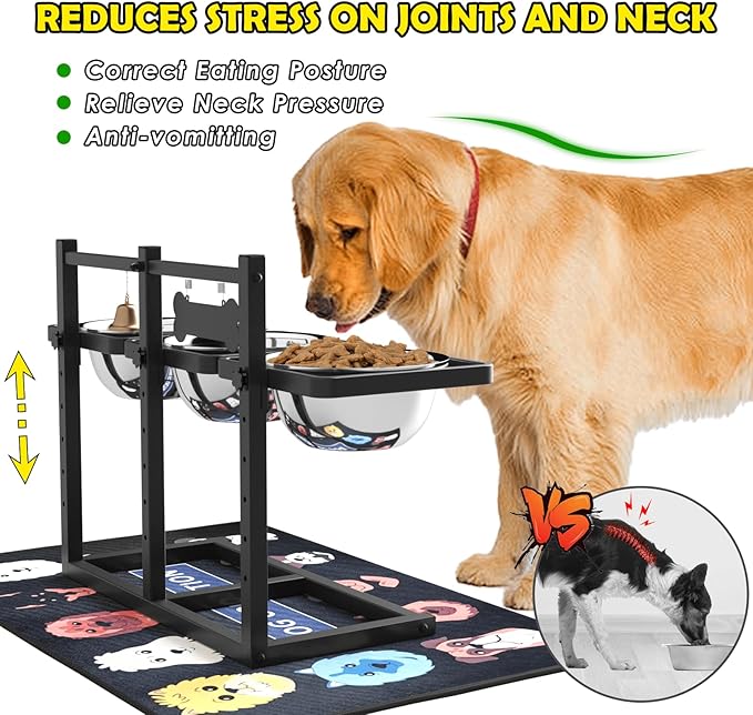 Elevated Dog Bowl Stand for Medium/Large Dogs with Slow Feeder & Mat, Adjustable Height 3.9'',5.5'',7.1'',8.7'',10.2'',11.8'', 58oz Raised Triple Dog Food Water Bowls-PawvioPets