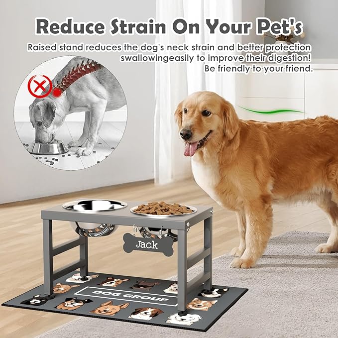 Elevated Dog Bowls, 10" Tall Height, Raised Bowl Stand with 2 Stainless Steel Food Feeder Bowls (58oz) and Spill-Proof Mat for Medium Large and Small Breeds, Grey-PawvioPets