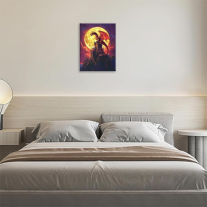 Dragon Bathroom Pictures Wall Art, Red Dragon Castle Bathroom Wall Decor, Framed Painting Canvas Artwork for Bedroom Living Room Decorations 16"L x 12"W-PawvioPets