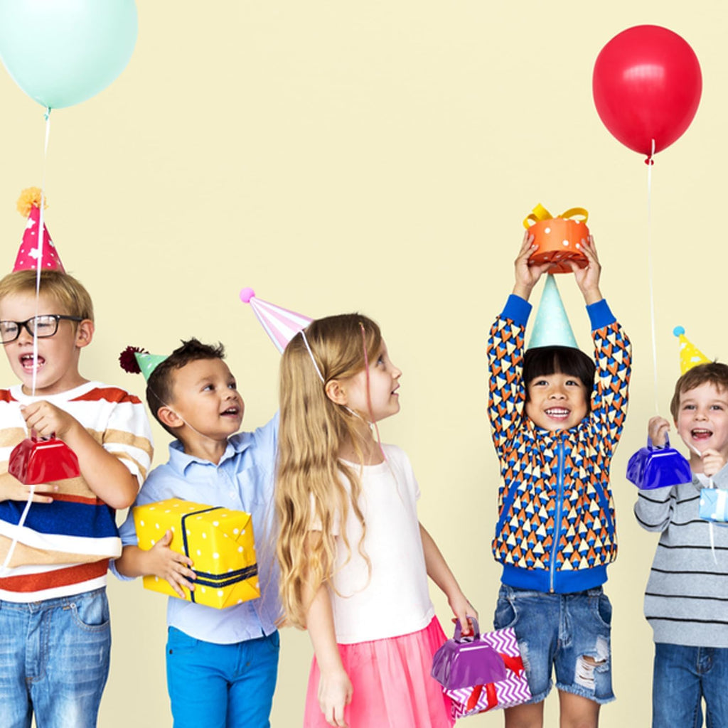 Metal Cow Bell Noise Maker - 3 Inch Pack of 4 - Small Loud Metal Cowbell Noisemaker with Handle - Great for Football Games, Sporting Events, Weddings, New Year's Eve, Birthday Parties