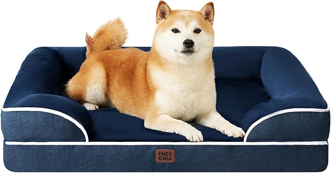 EHEYCIGA Orthopedic Dog Beds for Large Dogs, Waterproof Memory Foam Large Pet Bed with Sides, Non-Slip Bottom and Egg-Crate Foam Dog Couch Bed with Washable Removable Cover, Navy-PawvioPets