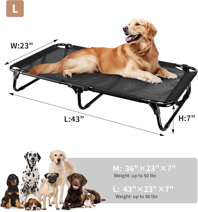 Elevated Dog Bed, Foldable Pet Bed with No Assembly, Cooling Raised Bed with Breathable Mesh, No-Slip Feet Durable Dog Cots Beds for Indoor & Outdoor Use, Black (L:43"x23"x7")-PawvioPets