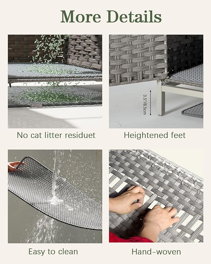 Cat Litter Box Enclosure Furniture with Divider, Handwoven Rattan Litter Box with Mat, 31.2 x 19.6 x 24.2 Inches, Metal Heightened Feet, Hidden Cat House for Living Room, Bedroom (Gray)-PawvioPets