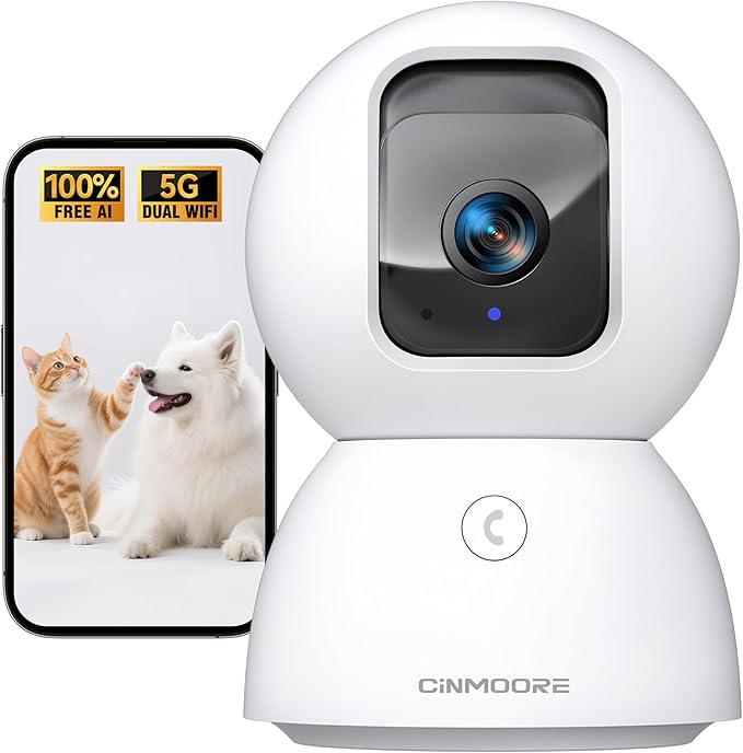 3K Pet/Dog/Cat Camera with Phone App, No-Subscription Local Person/Pet/Face Detection, 5G Security Camera Indoor, PTZ WiFi Cameras for Home Security, 0-Glow Night Vision, Full Duplex Audio-PawvioPets