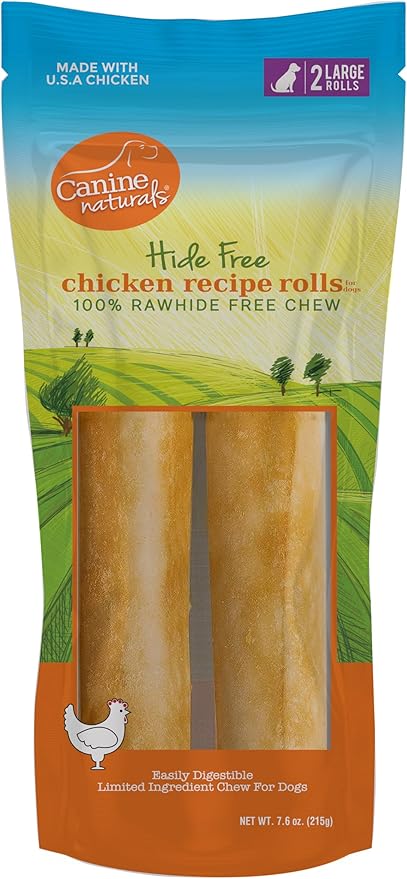 Canine Naturals Chicken Recipe Chew - Rawhide Free Dog Treats - Made from USA Raised Chicken - All-Natural and Easily Digestible - Large (2 Count) for Dogs 50-75Lb-PawvioPets