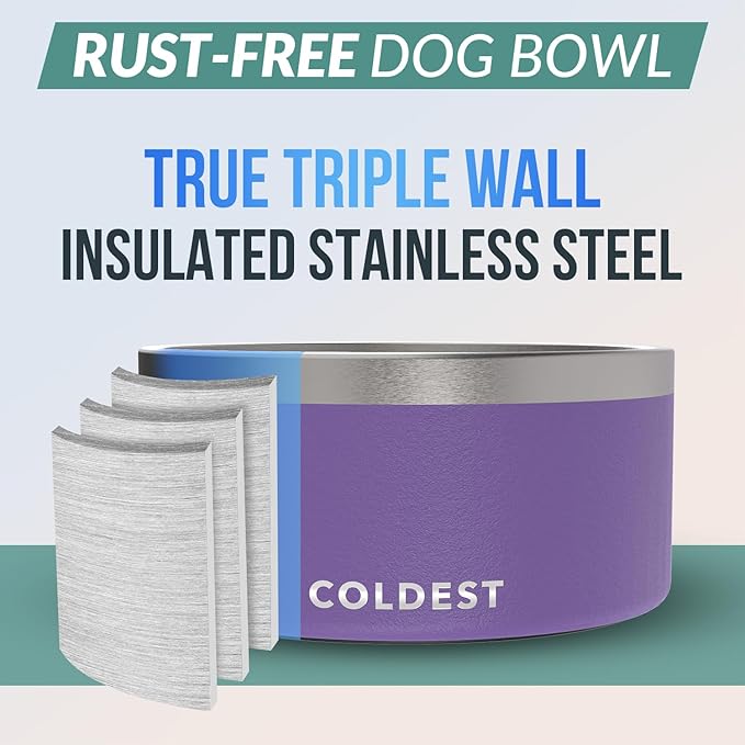 Coldest Dog Bowl - Anti Rust Metal, Non Slip, 3 Layers Insulated Stainless Steel Dog Bowls - Spill Proof & Heavy Duty - Water Bowl for Dogs, Cats & Pets, Dish Washer Safe (200 oz, Galaxy Purple)-PawvioPets