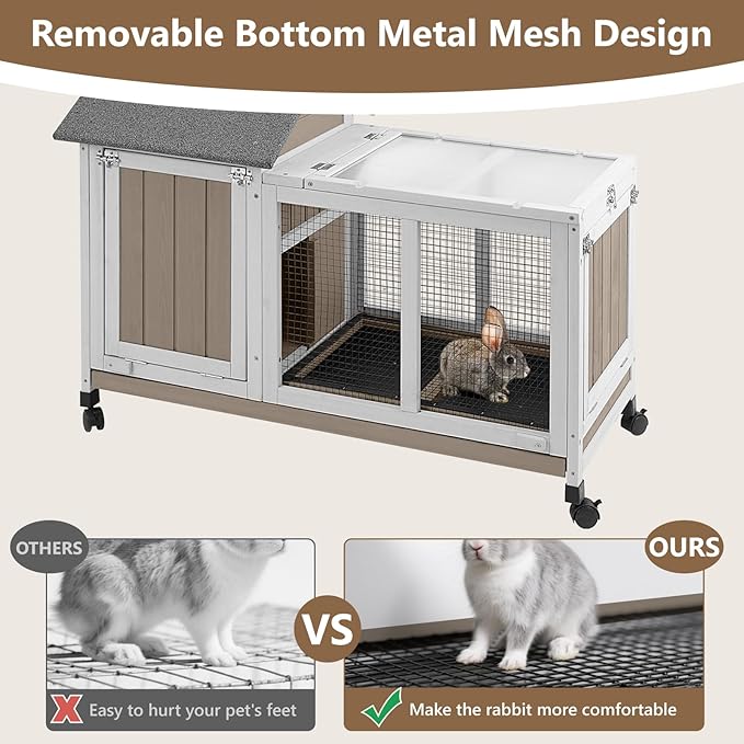 76''L Rabbit Hutch Outdoor Indoor with Wheels, Wooden 2 Story Bunny House Rabbit Cage with Run, Waterproof Roof, Pull Out Tray, Guinea Pig Cage Chicken Coop for Small to Medium Pets-PawvioPets