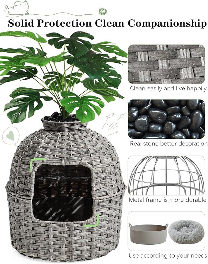 Cat Litter Box Plant Enclosure, Hidden Handwoven Rattan with Cat Litter Box Furniture and Artificial Plants, Odor Control Filter, Real Stones in Living Room, Bedroom, Corner (Gray)-PawvioPets