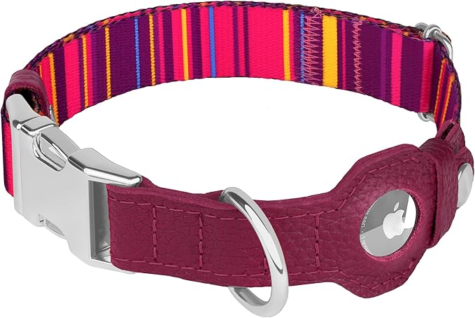 AirTag Dog Collar for Small Medium Large Breed - Adjustable Cute Pattern Dog Collar with Airtag Holder - Soft Leather Tracker GPS Apple Air Tag Pet Collars (Large, 17"-21" Neck Fit, Striped)-PawvioPets