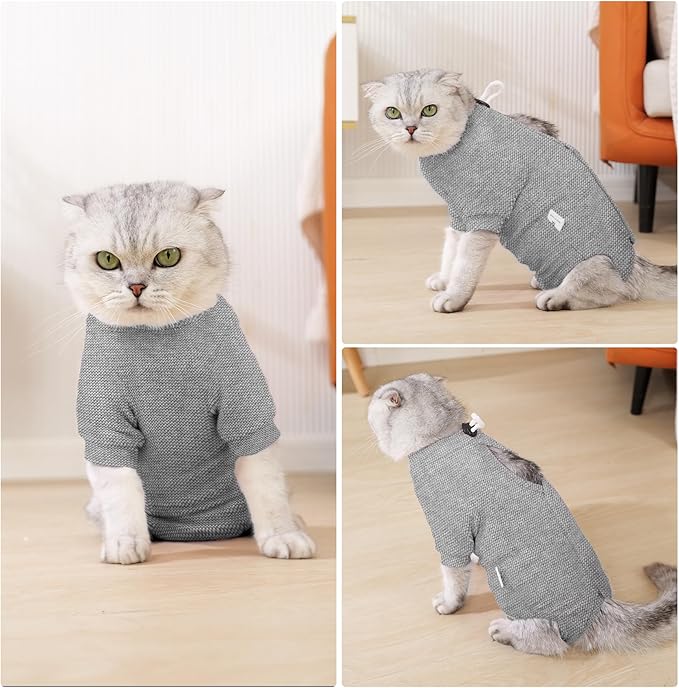 Dotoner Cat Surgery Recovery Suit for Female Male Anti-Licking Pet Surgical Pajamas Long Sleeve Prevent Shedding Cat Spay Recovery Suit&E Collar Alternative Bodysuit for Cats-PawvioPets