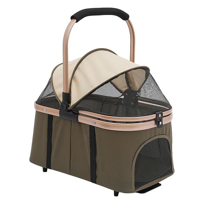 2-Layers Pet Stroller for 2 Cats/Dogs,Foldable Lightweight 77lbs Capacity Carrier, 4 Wheels, Removable Basket & Storage Pocket,for Small Pets (Green)-PawvioPets