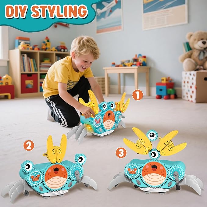 Alritz Crawling Crab Baby Toy, Developmental Tummy Time Toys for Crawling, Walking Crab Toy DIY Gear-building, with Sensory Light-Up, Dancing Crab Toys for Infant Boys Girls 3-6 6-12 36 Months Age 3 +-PawvioPets