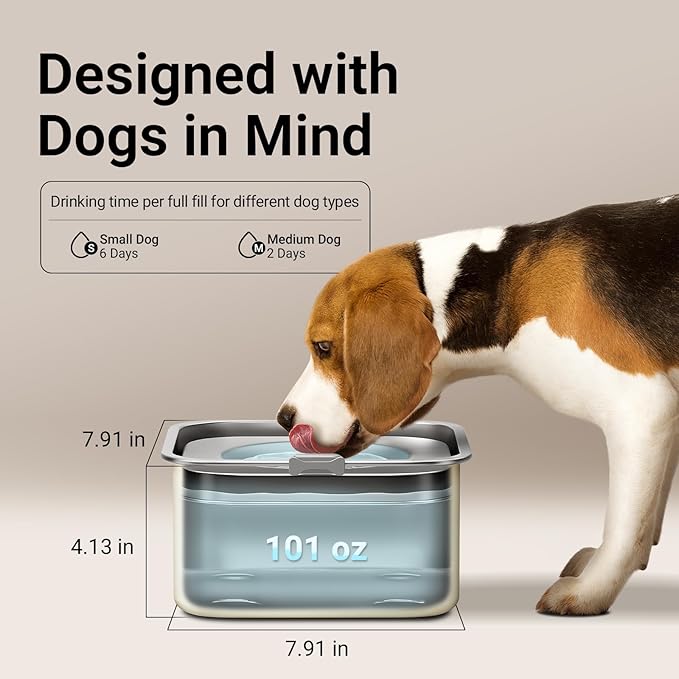 DownyPaws No Spill Water Bowl for Dogs,101oz/3L Slobber Stopper Stainless Steel, Slow Drinking Dog Water Bowl, No Mess Dog Water Dispenser Spill Proof, Dishwasher Safe, Beige-PawvioPets