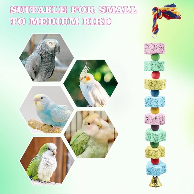 2 Pack Mineral Block Chew Toys with Colorful Beads and a Bell, Bird Beak Grinding Stone, Cage Accessories for African Grey, Budgies, Cockatiels, Small to Medium Birds-PawvioPets