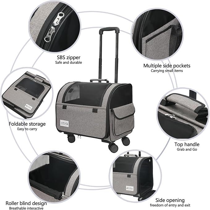 Dog Travel Bag with Removable Rolling Wheels, Airline Approved Pet Carrier, Foldable Cat Bag with Breathable Mesh, Pet Stroller(Grey)-PawvioPets