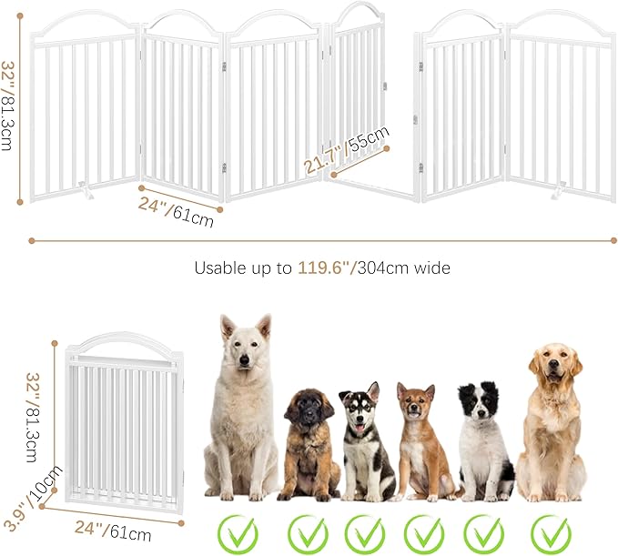 BHG Metal No-Assembly Freestanding Dog Gate with Door Walk Through, Extra Wide 144", Extra Tall 32" Pet Gate, Accordion Puppy Folding Playpen Dog Fence for Indoor & Outdoor, with 2PCS Support - White-PawvioPets