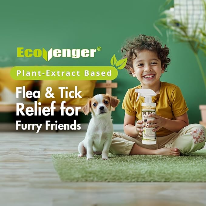 EcoVenger Flea & Tick Removal Spray 16oz for Dogs and Cats, Protects from Fleas, Mites, Ticks & Mosquitoes, eliminates+ Repels+ Housekeeping, Indoors/Outdoors, Plant-Based Formula Safe for Pets & Kids-PawvioPets