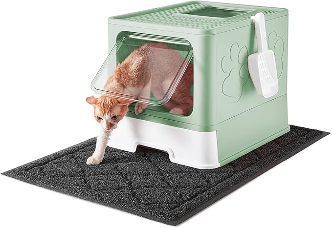 Cat Litter Box with X-Large Litter Mat and Scoop, Large Foldable Litter Box with Lid, Enclosed Kitty Box,Front Top Entry Exit, Odor Control Easy to Clean (Upgrade Green)-PawvioPets