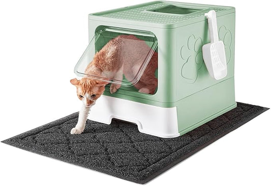 Cat Litter Box with X-Large Litter Mat and Scoop, Large Foldable Litter Box with Lid, Enclosed Kitty Box,Front Top Entry Exit, Odor Control Easy to Clean (Upgrade Green)-PawvioPets