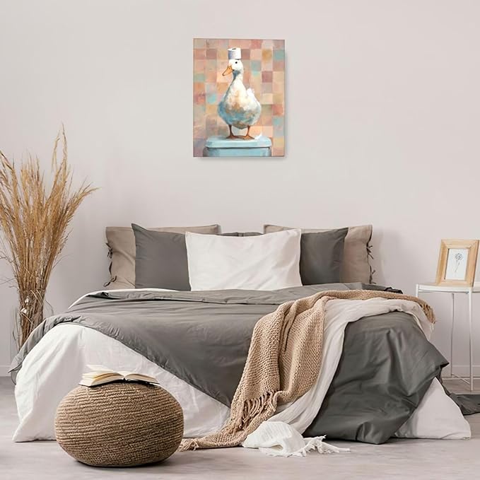 Funny Duck Bathroom Wall Art Cute Duck on Toilet Canvas Wall Decor Funny Quirky Farm Animal Pictures Painting Print Framed Artwork Decorations Gifts for Bathroom 16"x20"-PawvioPets