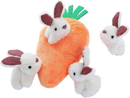 Amazon Basics Interactive Hide and Seek Squeaky Dog Plush Toy, Rabbit and Carrot, Orange and White, 5-Pack-PawvioPets